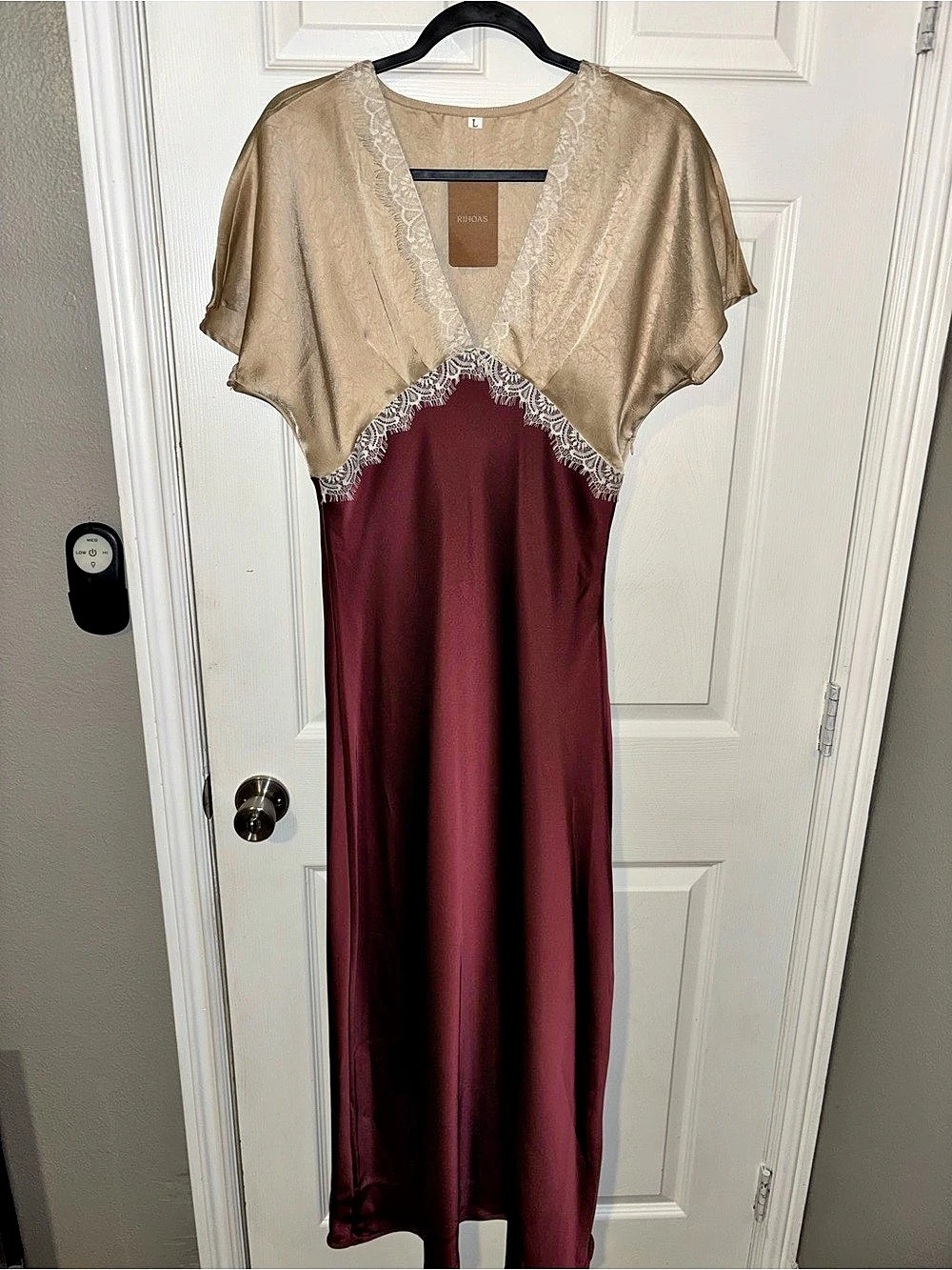 Lace Trim Maxi Dress in Burgundy & Gold New With Tags